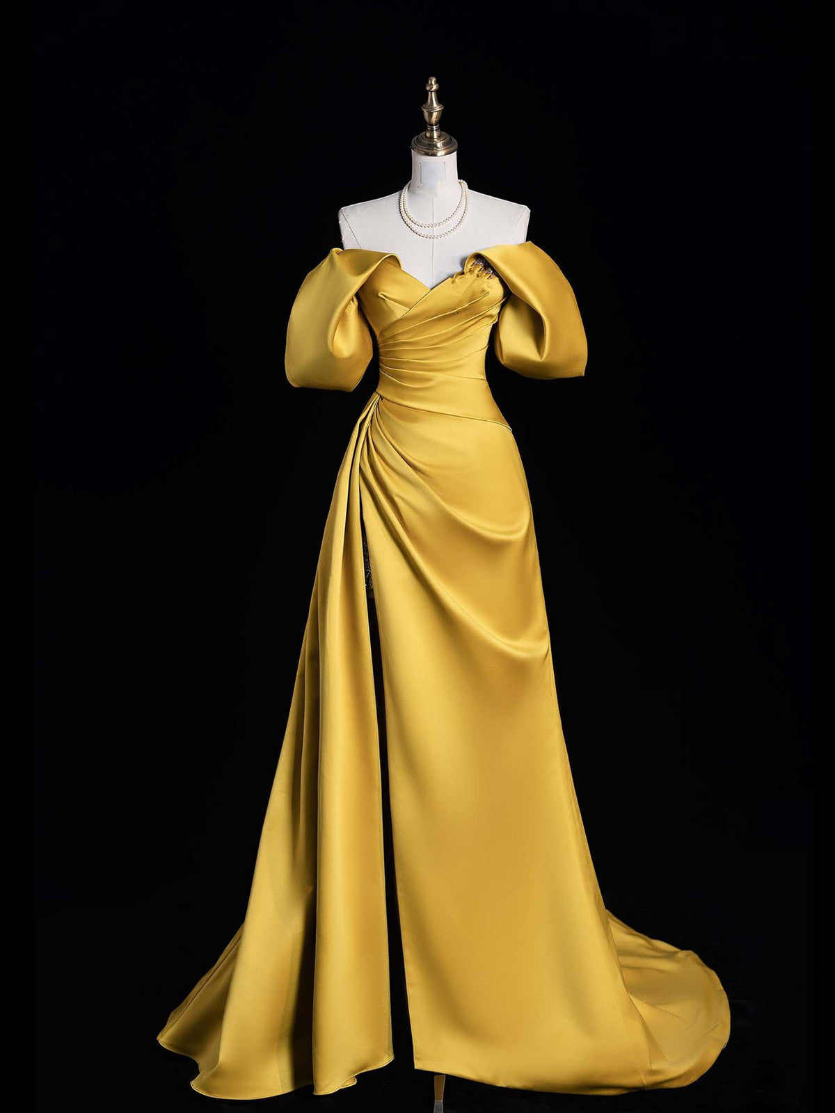 Gold Satin Off Shoulder A-line Party Dress Prom Dress