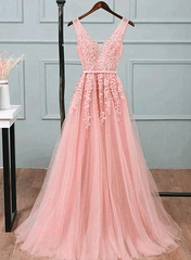 Pink Tulle A-line Simple Long Party Dress