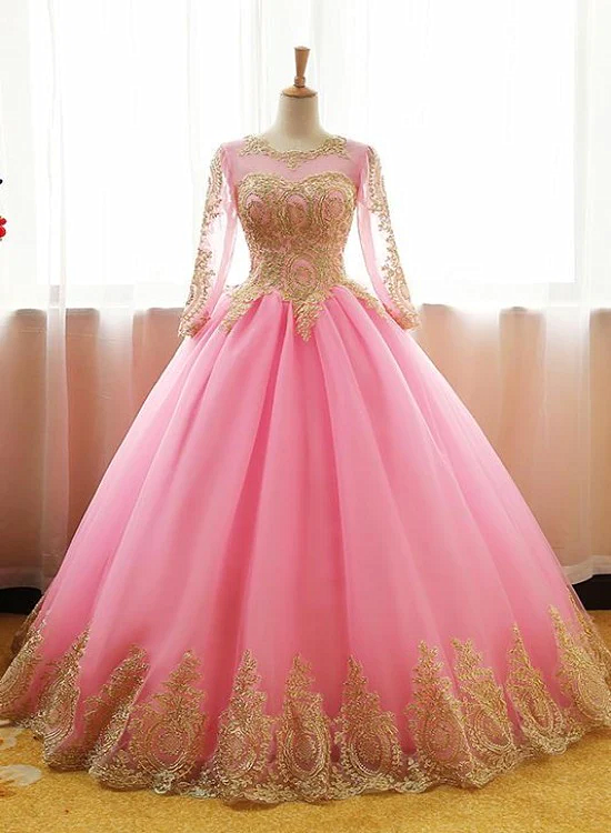 Pink Long Sleeves Tulle Round Neckline Sweet 16 Dresses