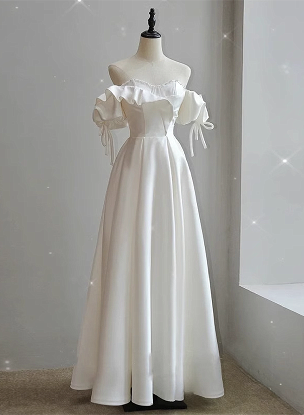 White Satin Off Shoulder Beaded Sweetheart Formal Dress