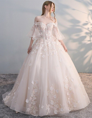 Charming Flowers Lace Off Shoulder Ball Gown Wedding Party Dress