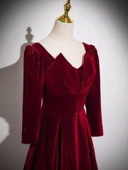 Wine Red Velvet Long Sleeves A-line Floor Length Prom Dress
