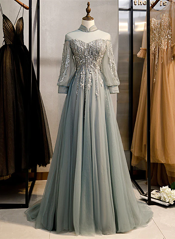 Charming Tulle Long Sleeves Beaded and Lace Long Party Dress