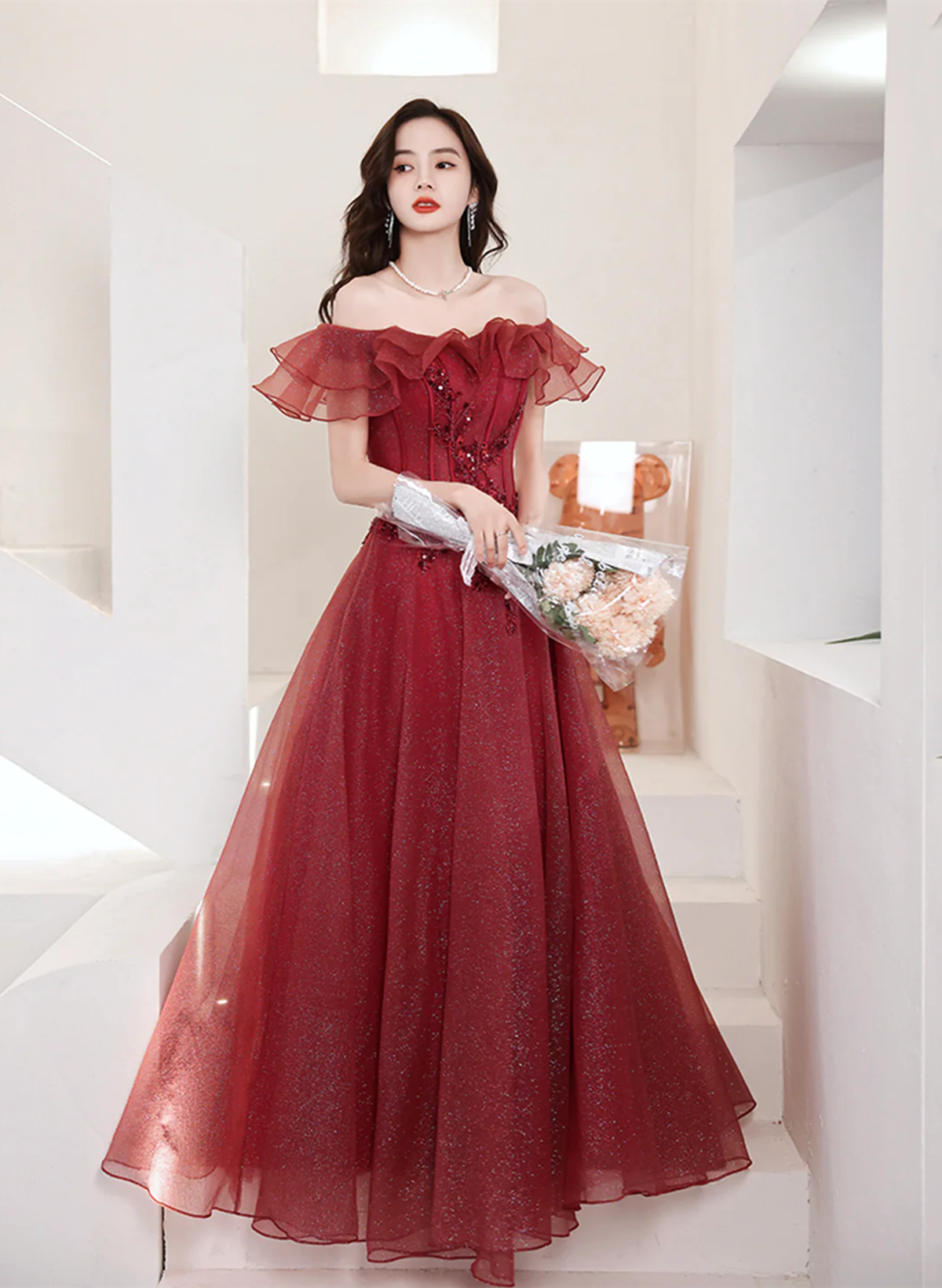Lovely Wine Red Off Shoulder Tulle with Beadings Party Dress