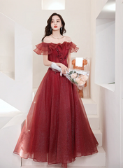 Lovely Wine Red Off Shoulder Tulle with Beadings Party Dress