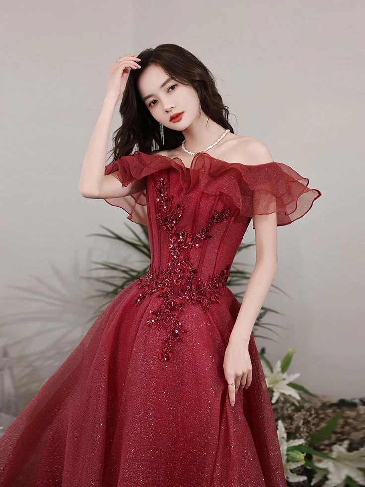 Lovely Wine Red Off Shoulder Tulle with Beadings Party Dress