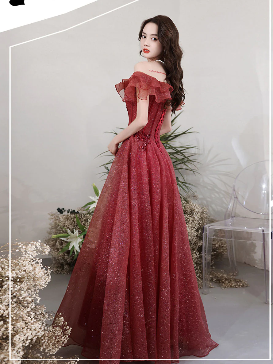 Lovely Wine Red Off Shoulder Tulle with Beadings Party Dress