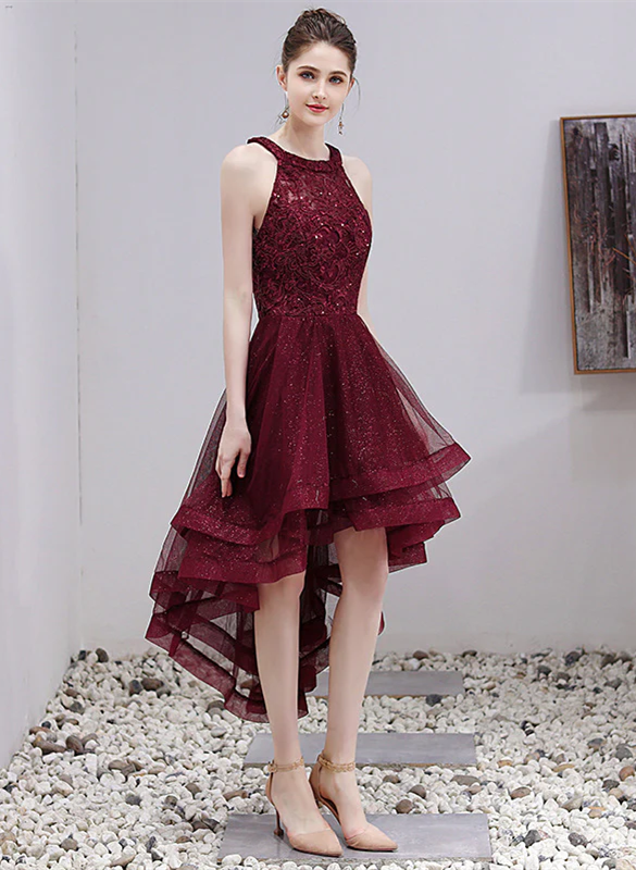 Beautiful Burgundy Halter High Low Tulle Lace Homecoming Dress