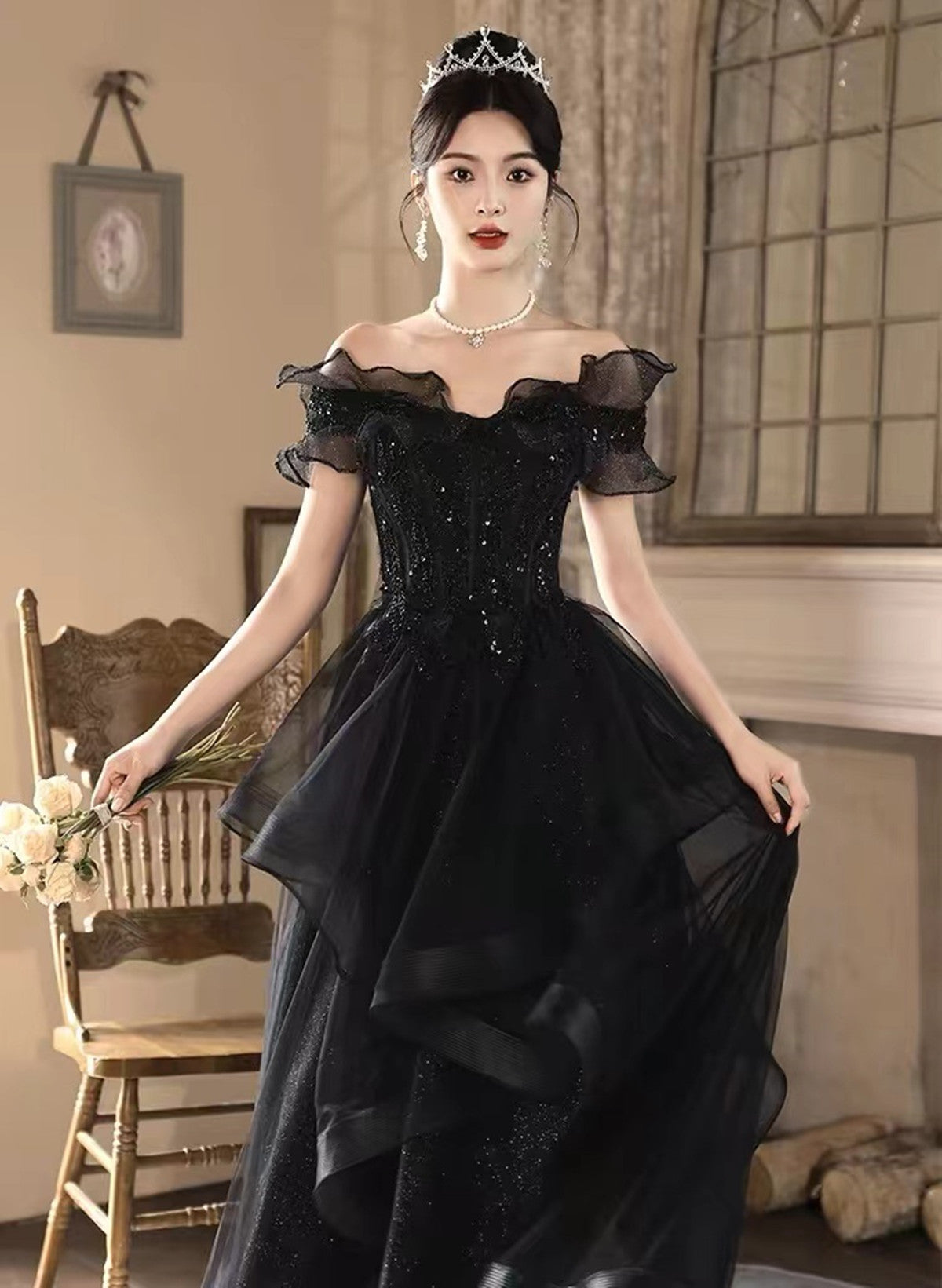 A-line Black Tulle and Lace Off Shoulder Party Dress