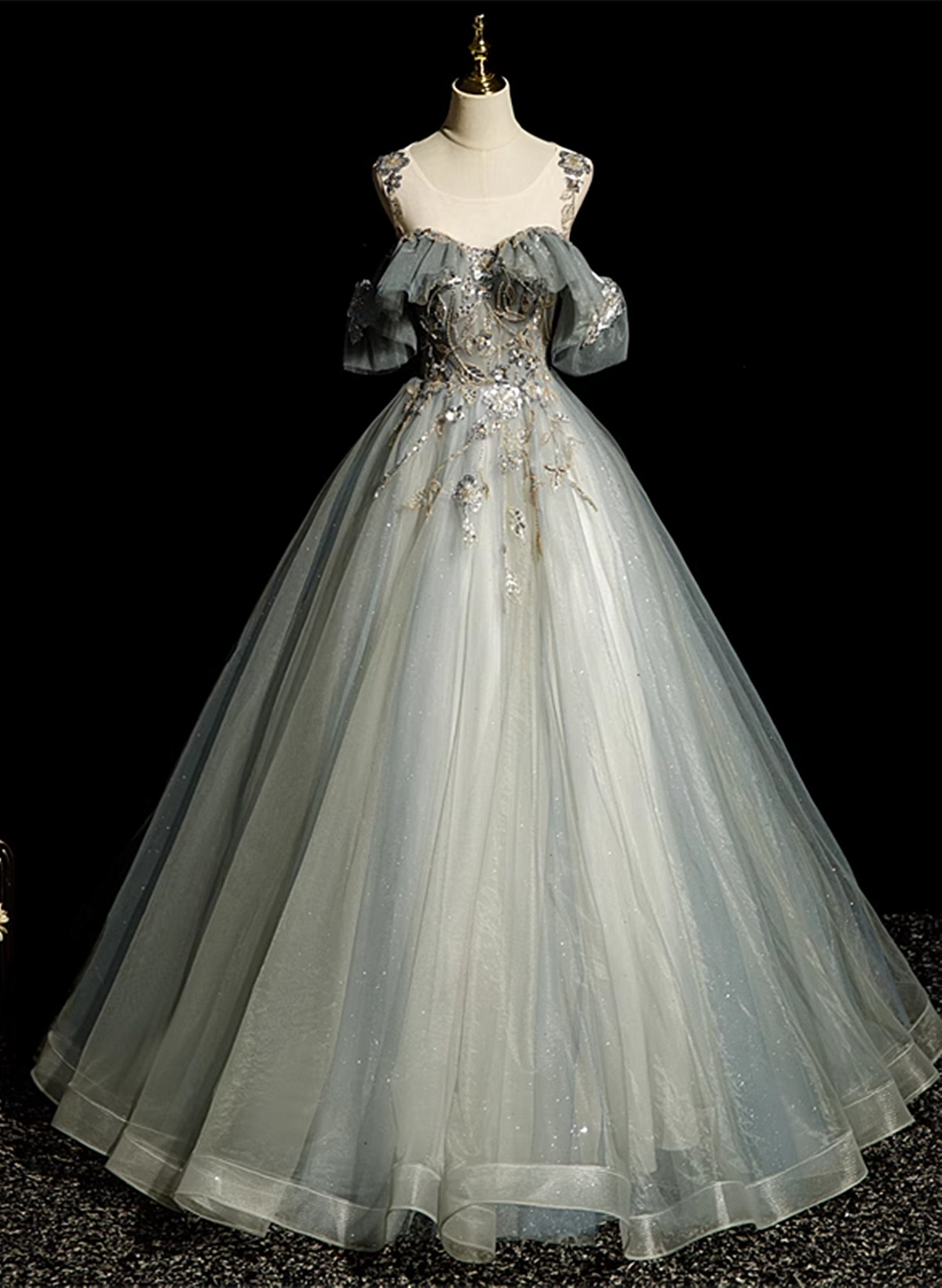 Vestido de fiesta de tul verde con hombros descubiertos y cuentas para dulces 16 