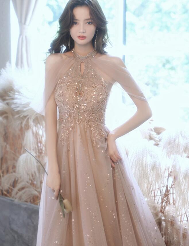 Champagne Tulle Haler Beaded Shiny Long Party Dress
