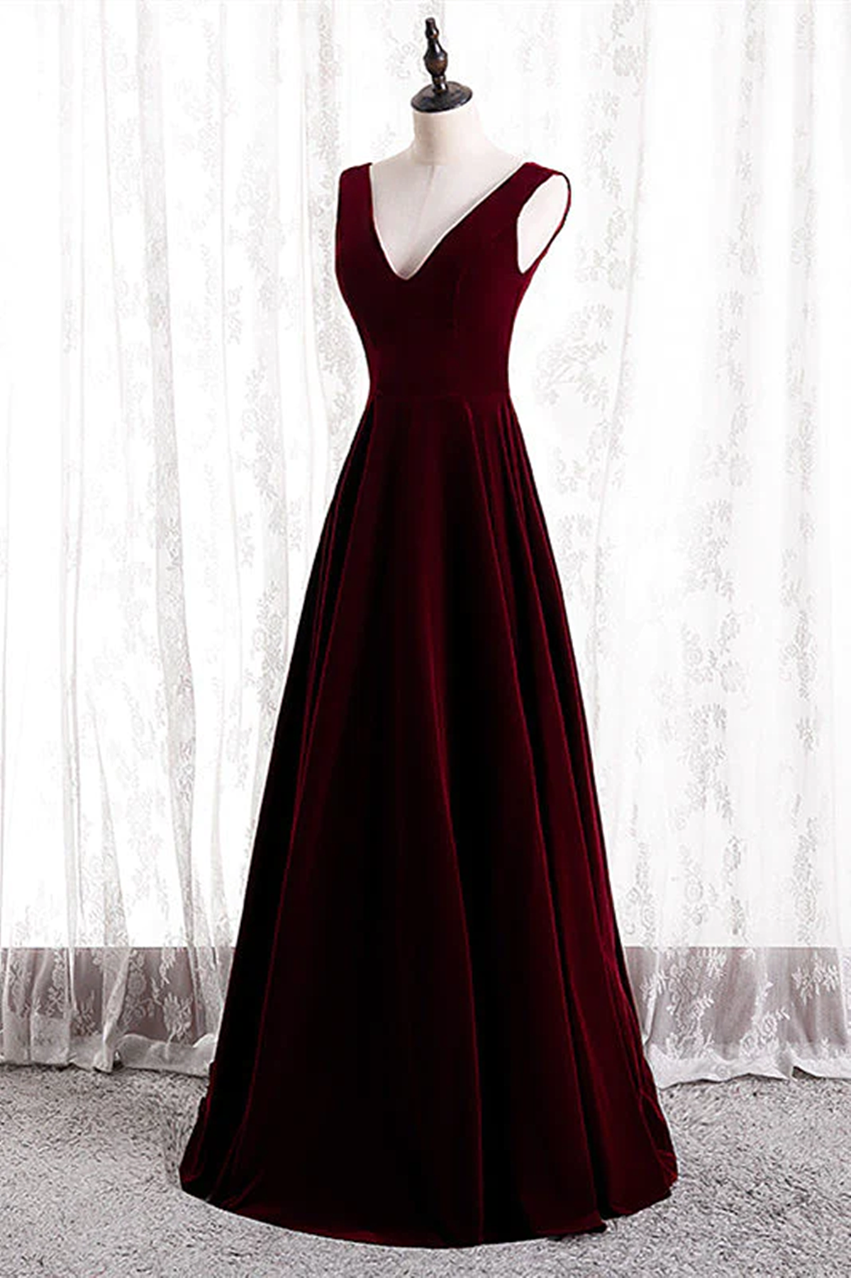 Wine Red Velvet V-neckline Simple Long Party Dress