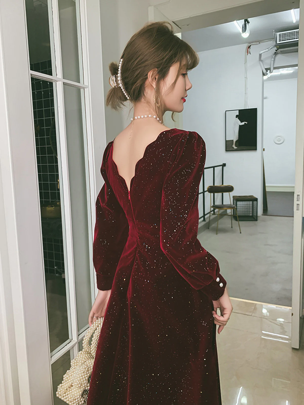 Wine Red Velvet Long Sleeves Party Dress