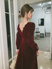 Wine Red Velvet Long Sleeves Party Dress