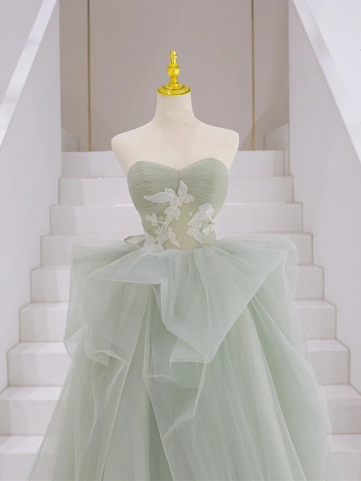 Vestido de fiesta largo de tul con escote en forma de A, color verde claro 