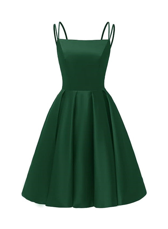 Vestido de fiesta corto de satén verde con escote redondo 