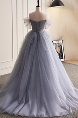 Vestido de fiesta largo glamuroso de tul azul grisáceo con apliques de encaje 