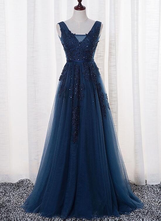 Vestido de dama de honor largo azul de corte A 