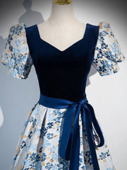 Blue Floral Satin Short Sleeves Long Formal Dress