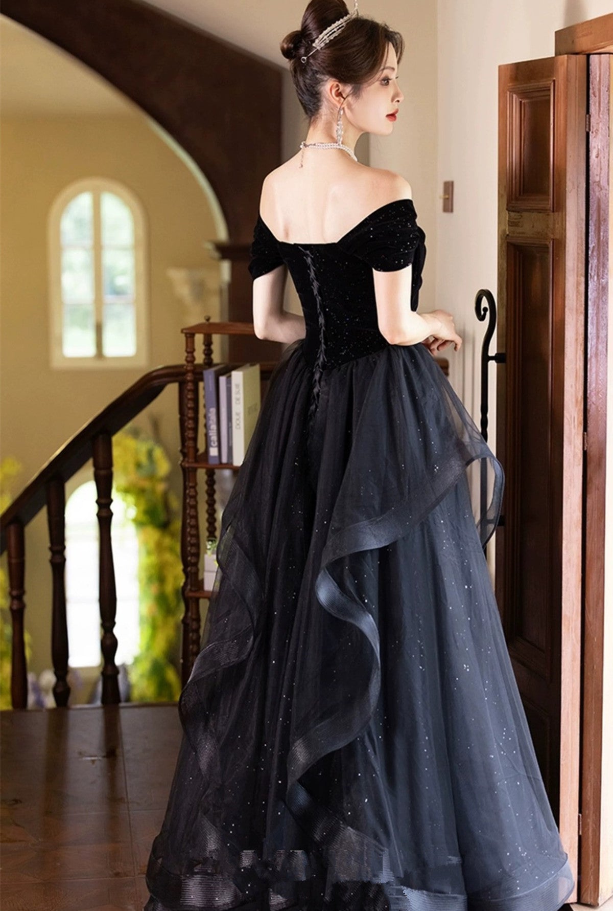 Vestido de fiesta largo de tul y terciopelo negro con escote en forma de corazón, vestido de fiesta negro de manga corta 