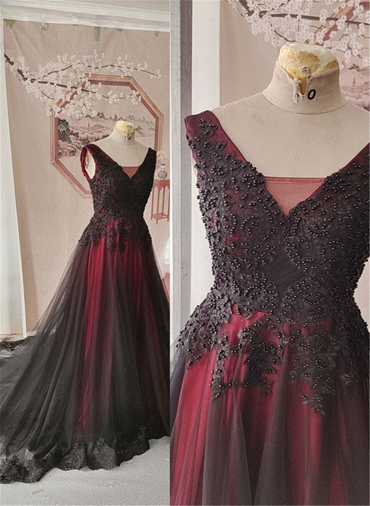 Black and Red Tulle V-neckline Beaded Party Dress