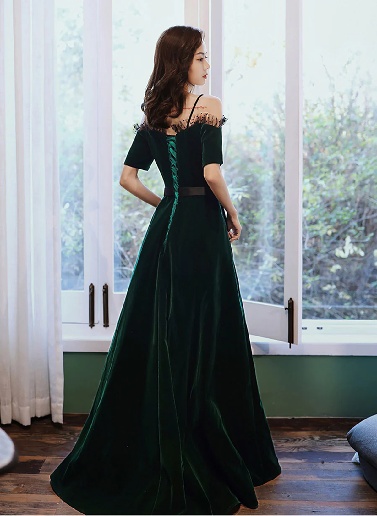 Green Off Shoulder Velvet Long Party Dress