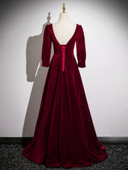 Vestido de fiesta rojo vino con mangas largas y corte A hasta el suelo 