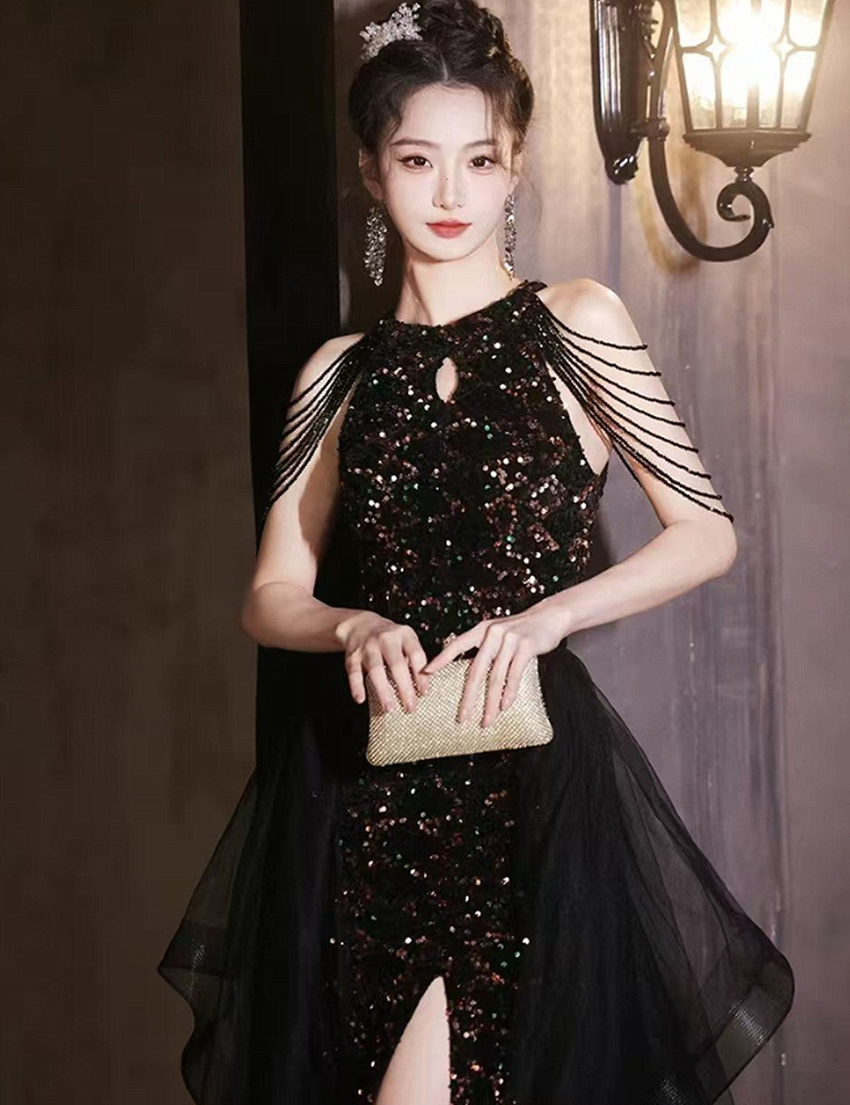 Black Sequins and Tulle Long Party Dress