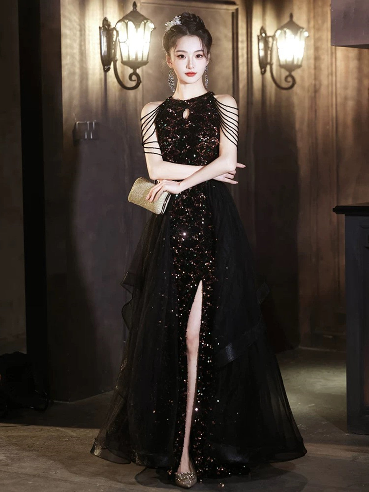 Black Sequins and Tulle Long Party Dress