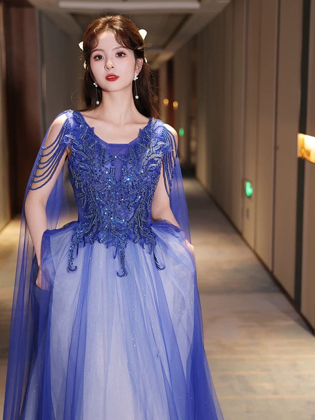 Blue and White V-neckline Floor Length Tulle Party Dress