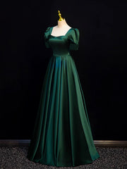 Vestido de fiesta de satén verde con mangas cortas y corte en A hasta el suelo 