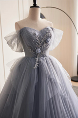 Vestido de fiesta largo glamuroso de tul azul grisáceo con apliques de encaje 