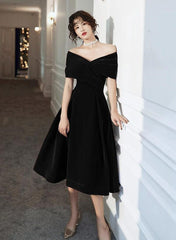 Black Velvet Tea Length Off Shoulder Party Dress
