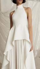 Elegant White Halter Neck Maxi Dress with Sculpted Peplum & Pleated Skirt