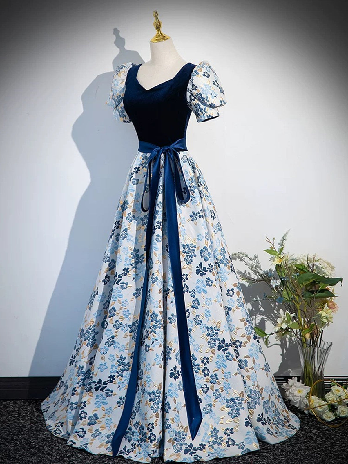 Blue Floral Satin Short Sleeves Long Formal Dress