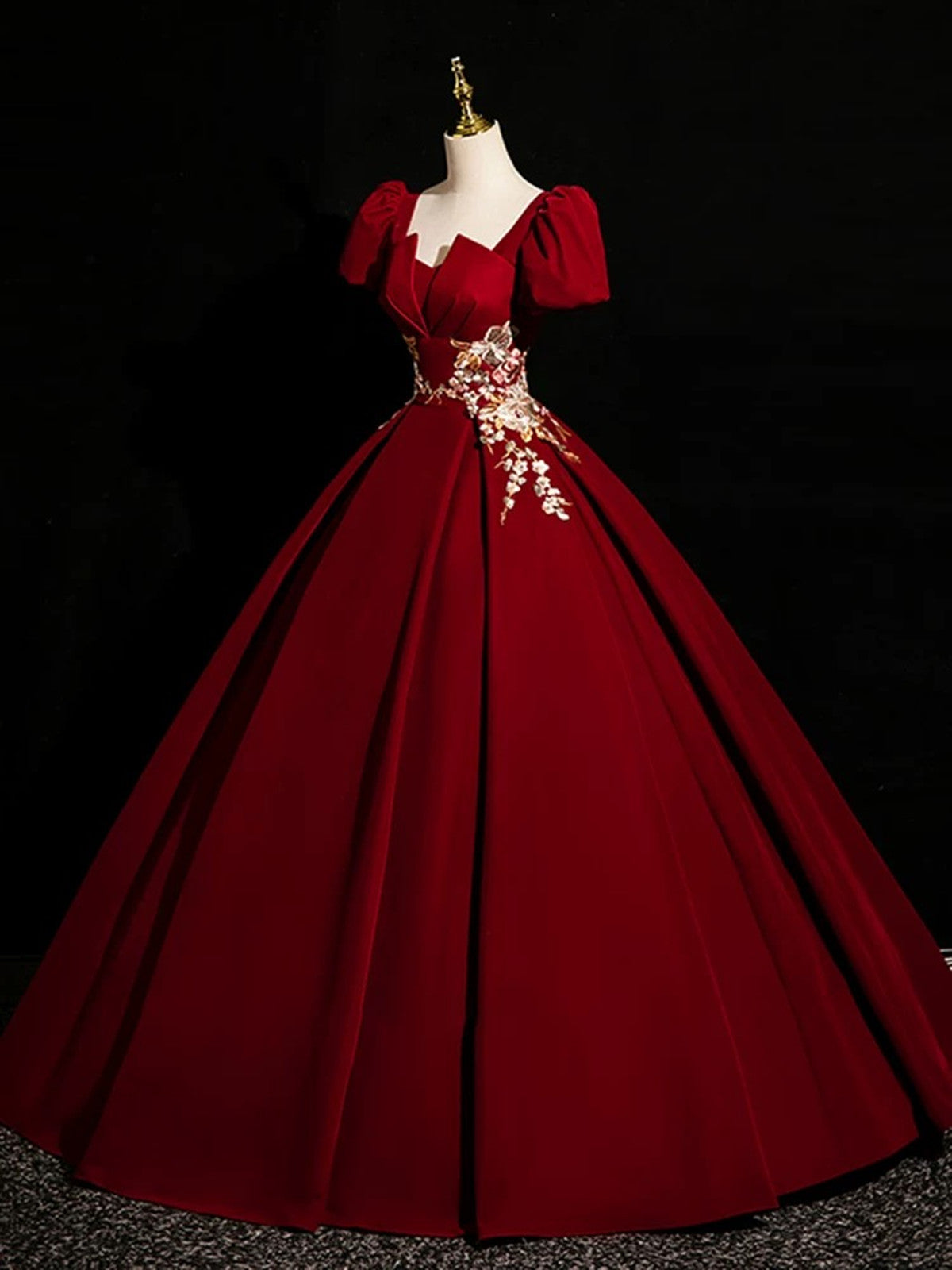 Vestido de fiesta largo de manga corta de terciopelo rojo vino 