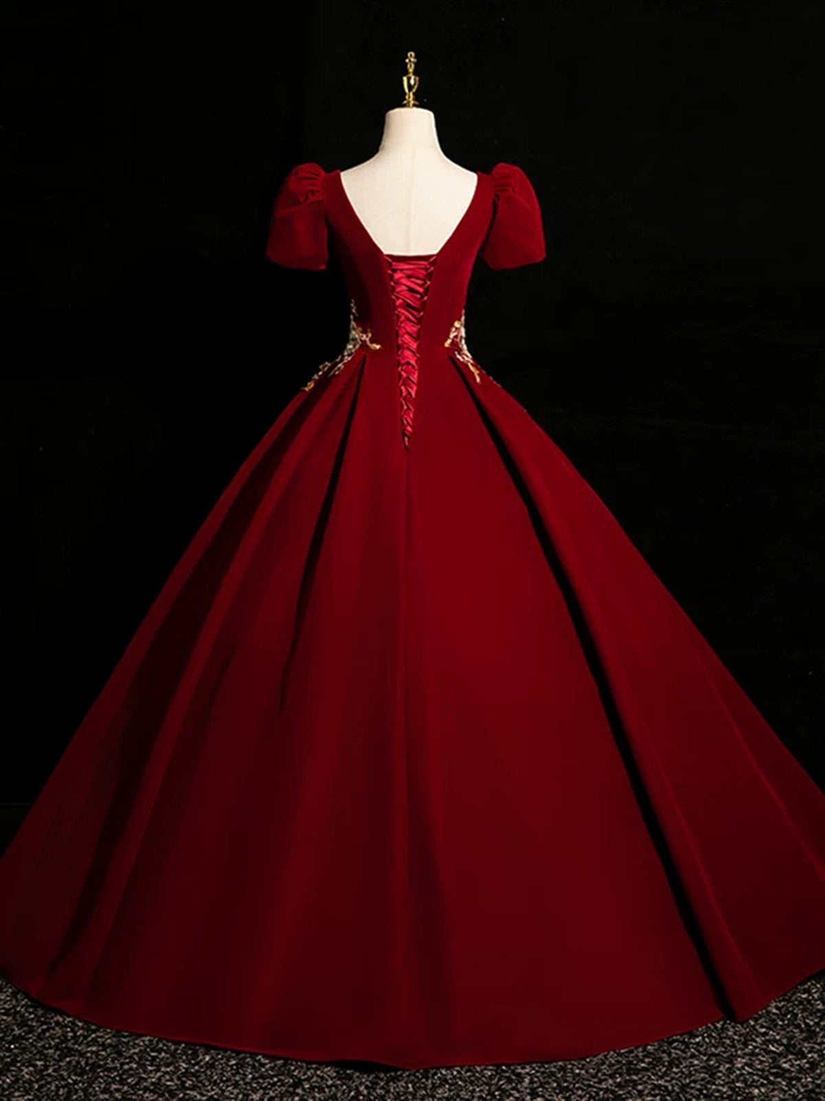 Vestido de fiesta largo de manga corta de terciopelo rojo vino 