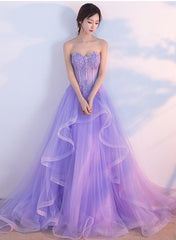 Light Purple Layers Tulle Lace Applique Long Formal Dress