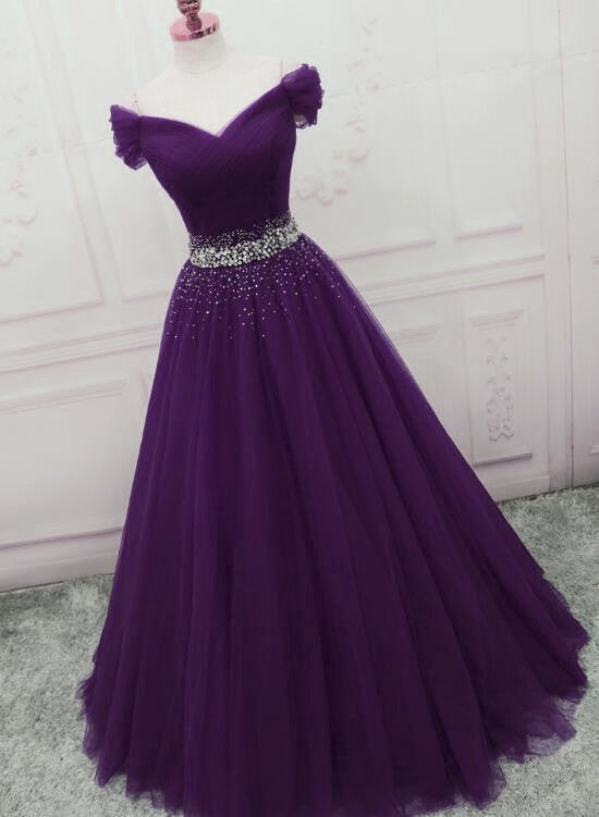 Dark Purple Tulle Long Prom Dresses