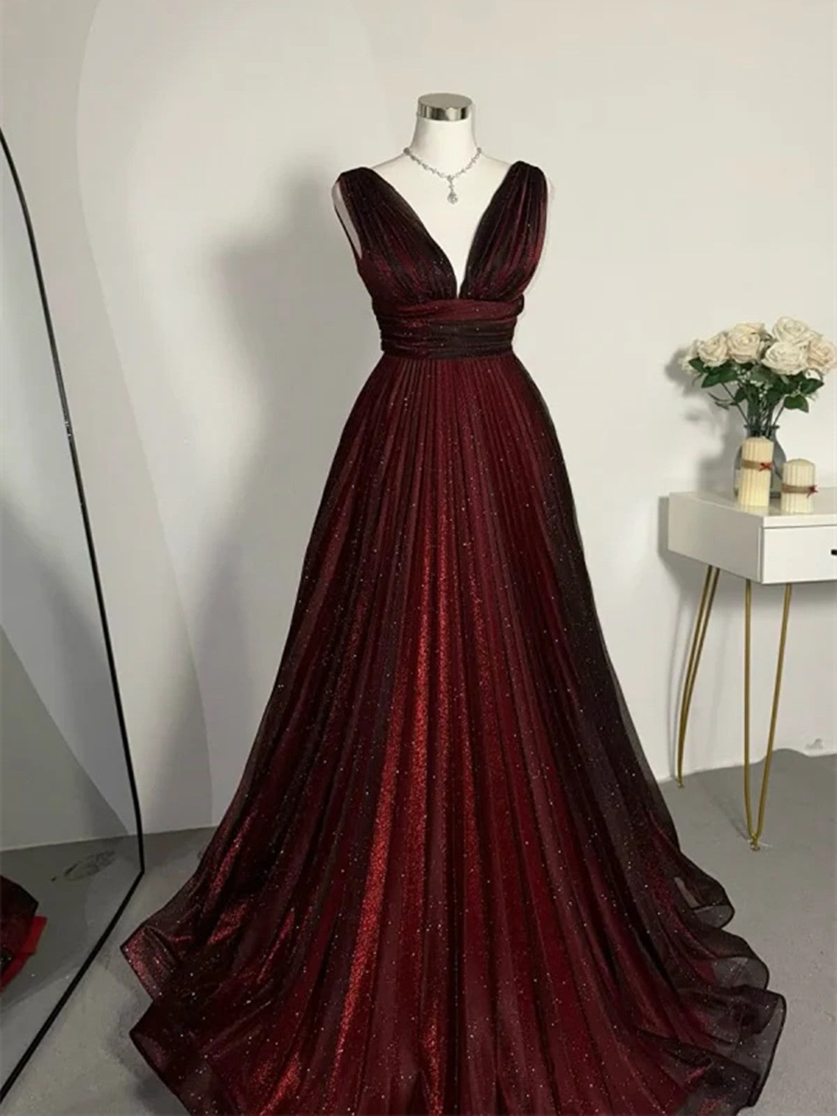 A-line Black and Red V-neckline Tulle Floor Length Party Dress