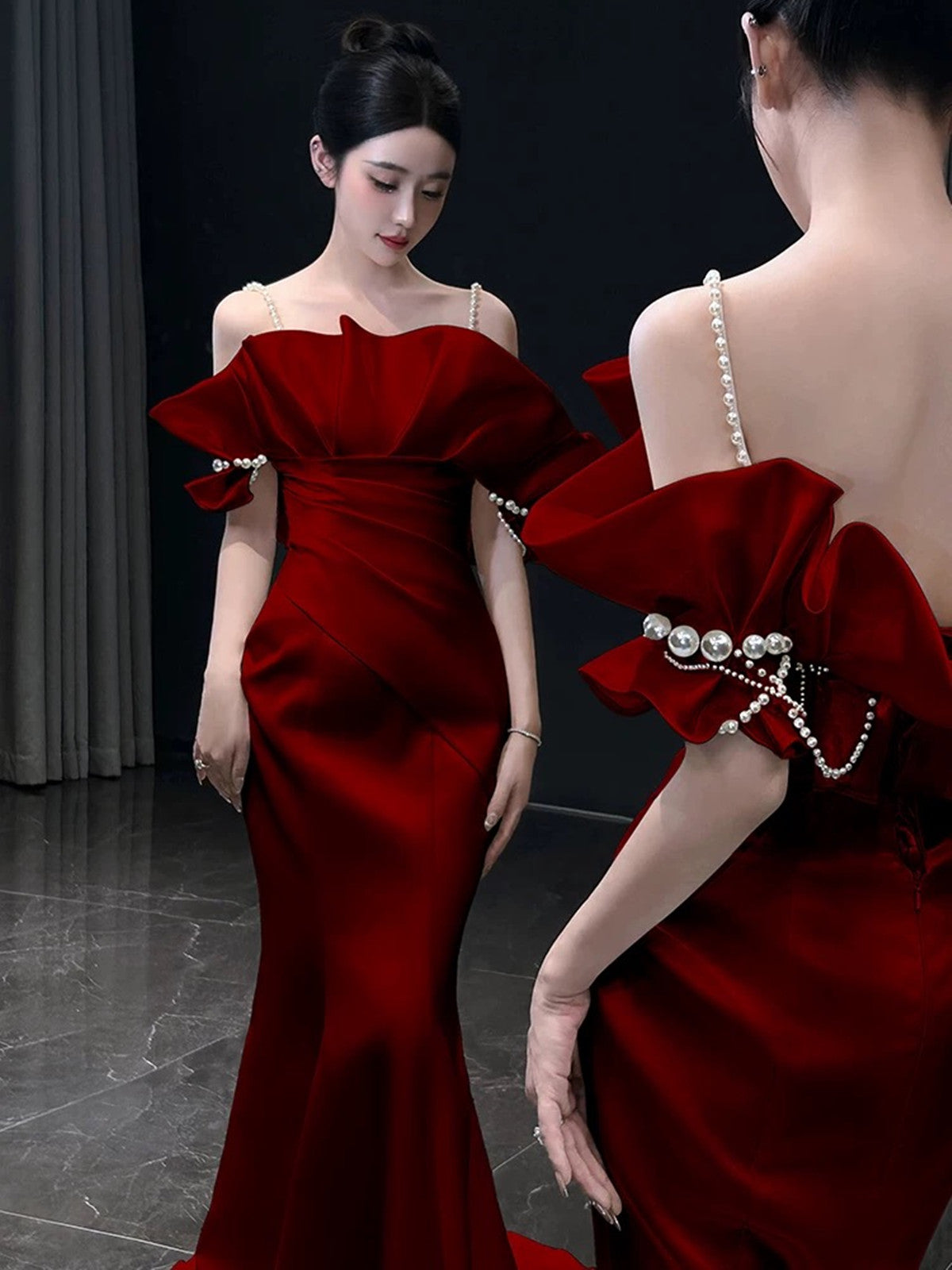 Vestido de fiesta de sirena de satén rojo vino con perlas y hombros descubiertos 