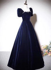 Vestido de noche largo de terciopelo azul marino de corte A 