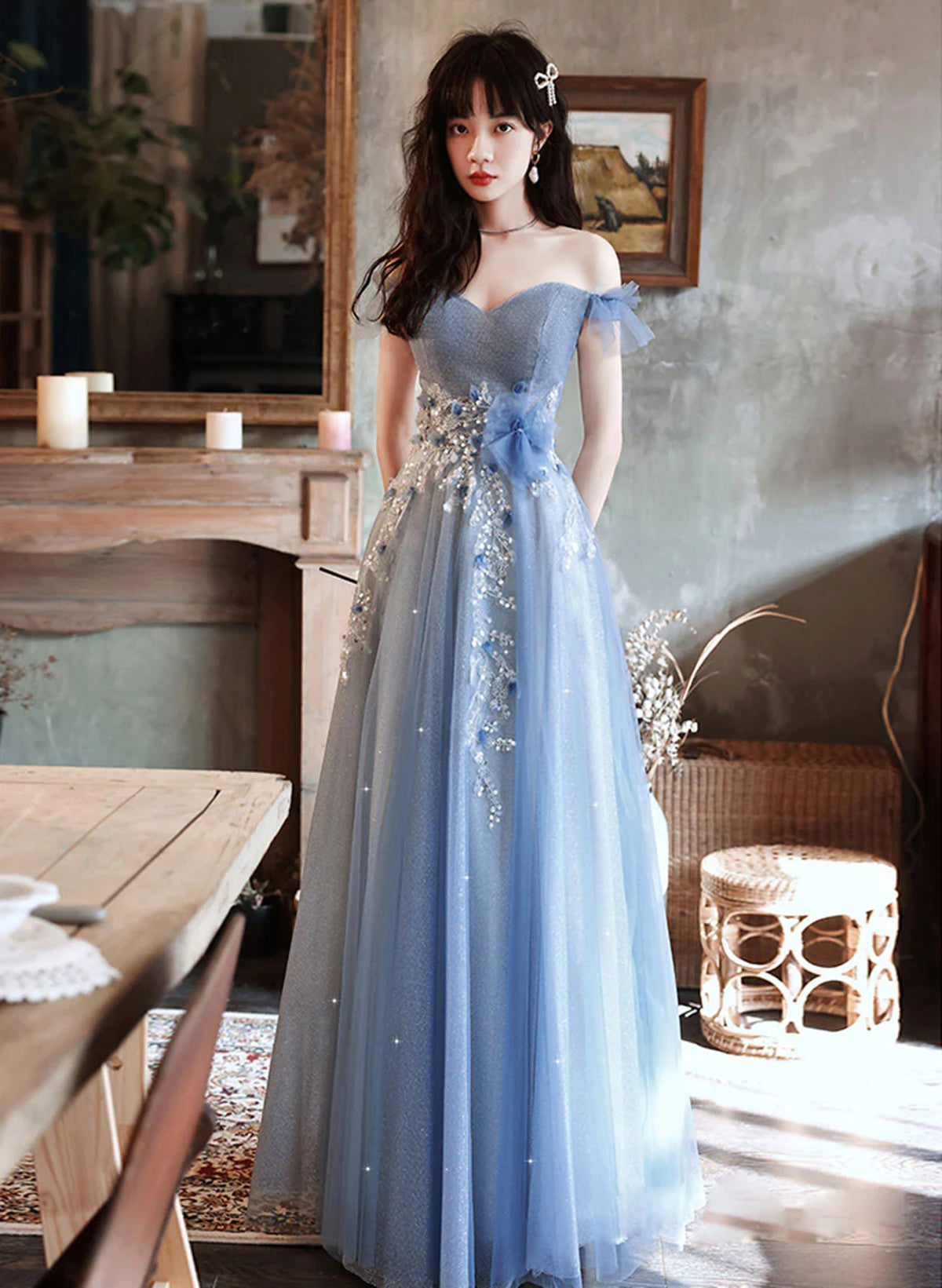A-line Blue Off Shoulder with Lace Long Evening Dress