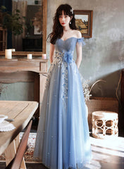 A-line Blue Off Shoulder with Lace Long Evening Dress
