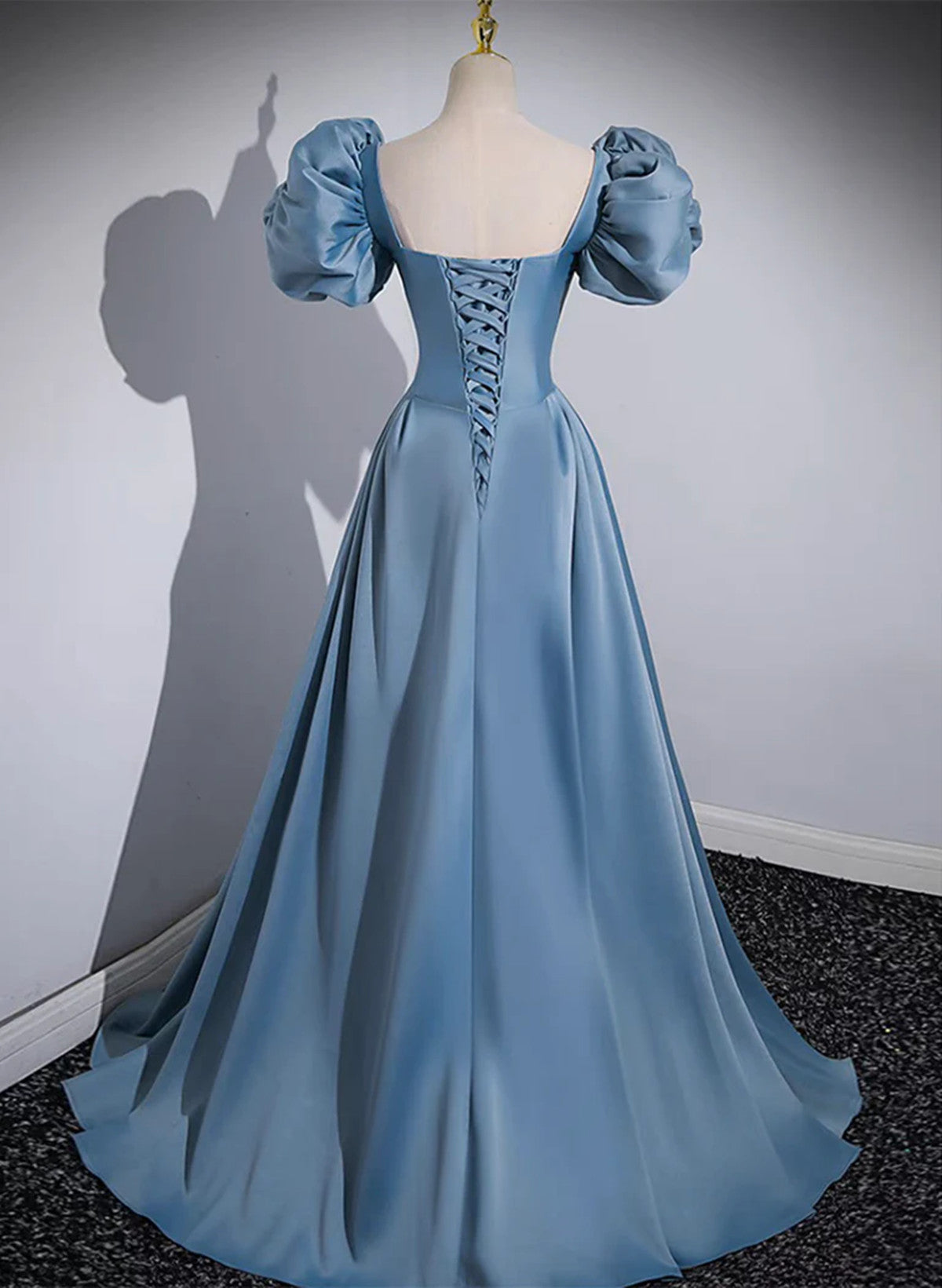 Blue Satin Short Sleeves Long Prom Dress