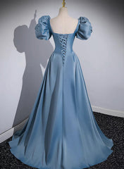 Blue Satin Short Sleeves Long Prom Dress