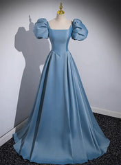 Blue Satin Short Sleeves Long Prom Dress