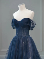 Vestido de fiesta largo de tul azul marino con escote en forma de A y escote en forma de corazón 