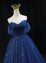 Navy Blue Tulle Sweetheart Long Prom Dress