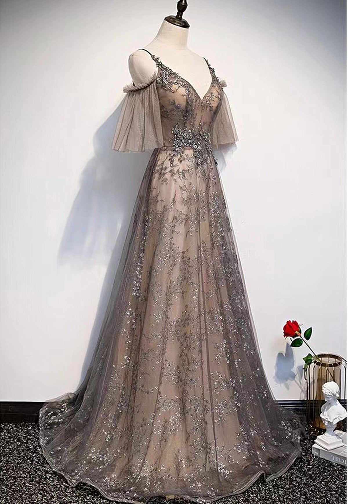 Champagne A-line Straps Lace Low Back Prom Dress